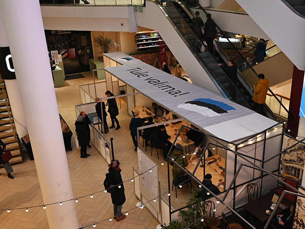 Voters visit the ground floor of the Solaris shopping center in central Tallinn to cast their ballots.