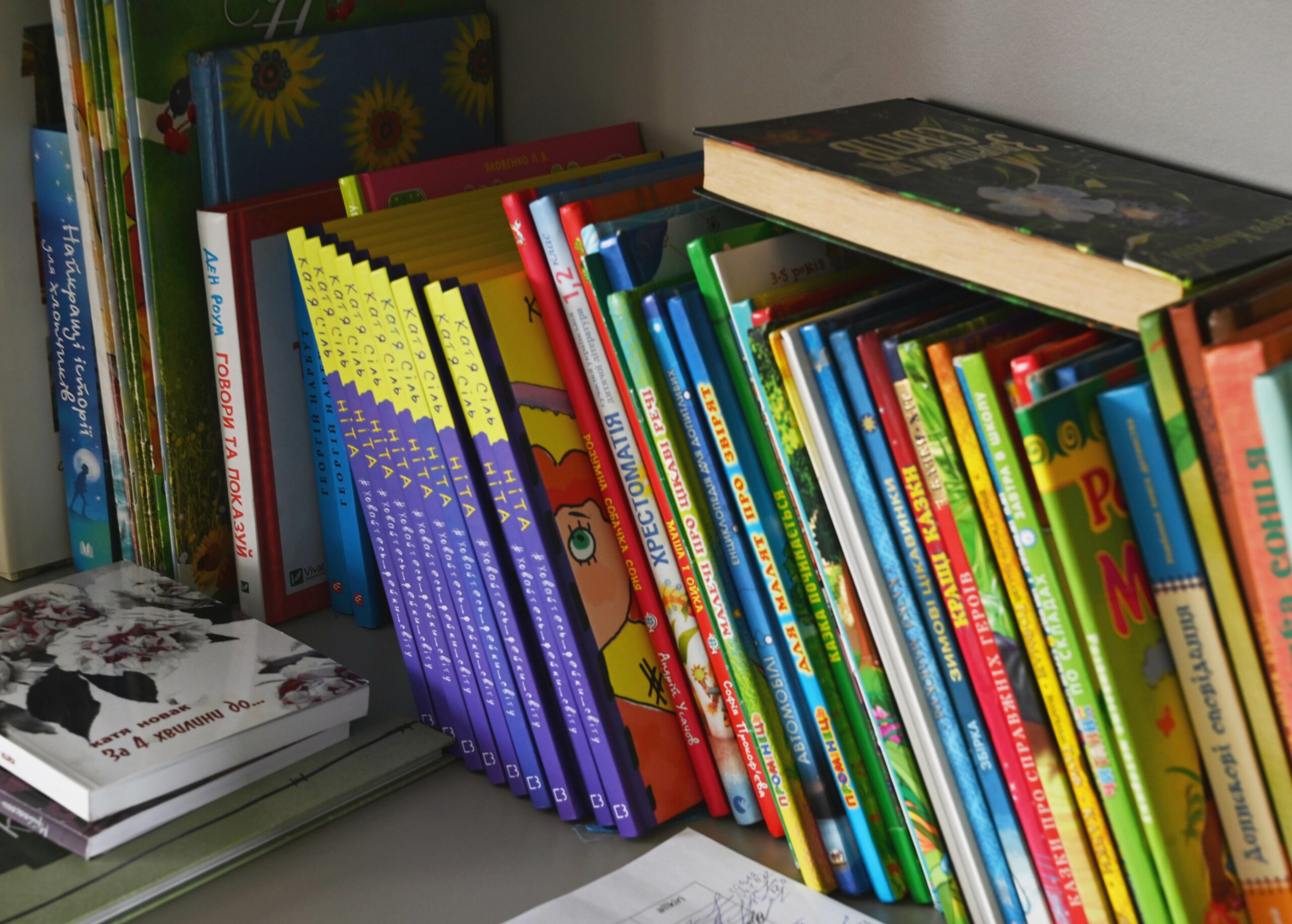 A stack of books on the shelf in Ukrainian language inside the Freedom School. (Photo by Anjelica Rubin)