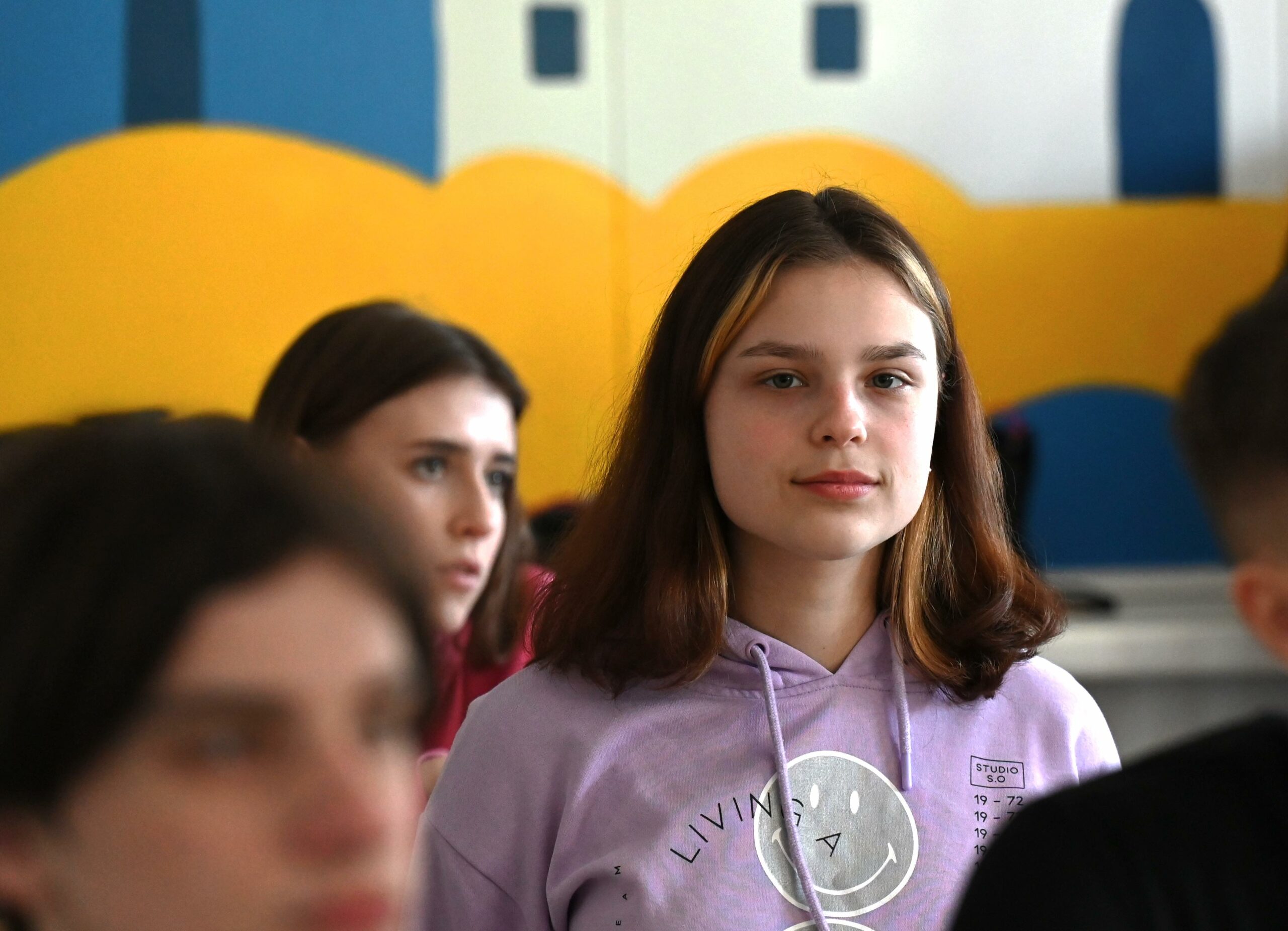 Student Polina Hurets looks up during class with Kevin Ivanov. (Photo by Teagan Staudenmeier)