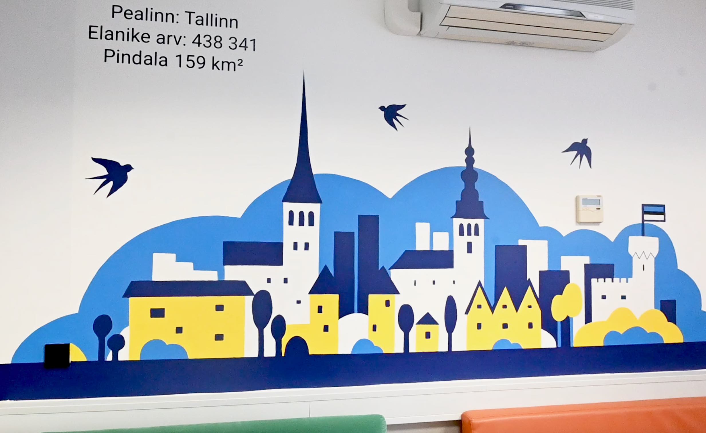 A mural with the skyline of Tallinn inside the Freedom School. (Photo by Anjelica Rubin)